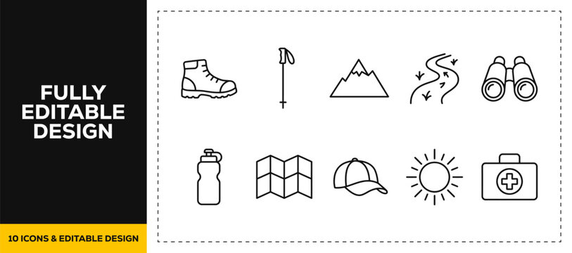 flat vector illustration line art icon bundle set design focusing on trekking gear hiking boots mapping navigation and outdoor mountain adventures graphics for web UI