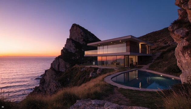 Modern house on a cliffside by the sea at sunset