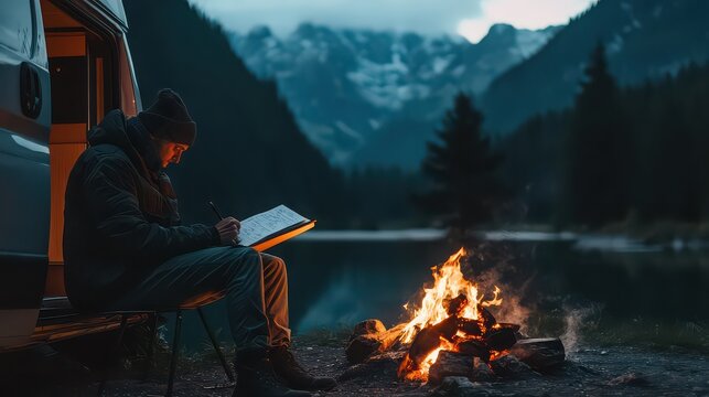Man writes in a notebook while sitting on a chair beside a glowing campfire next to his camper van parked by a dark lake surrounded by towering mountains under a moody twilight evening sky.