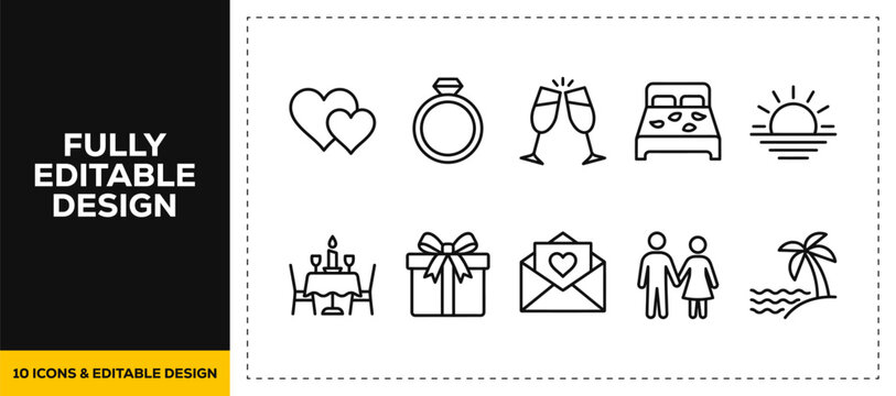 flat vector illustration line art icon bundle set design illustrating romantic weddings celebration champagne rings and honeymoon bed accommodations graphics for web UI