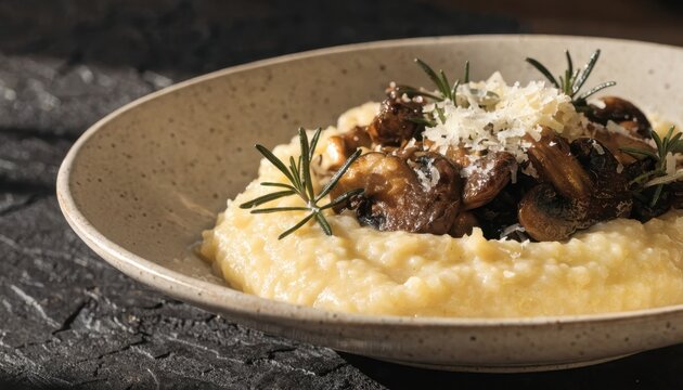 Delicious plate of food with herbs on dark table