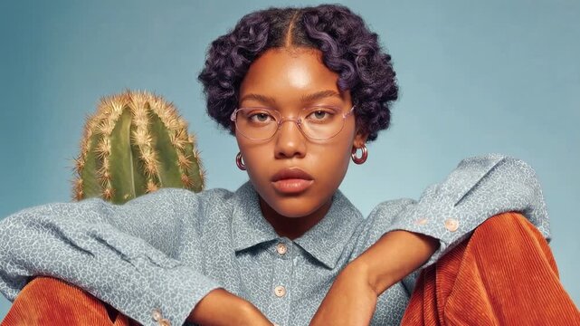 Young Black woman with curly hair and glasses poses with a cactus in a studio setting