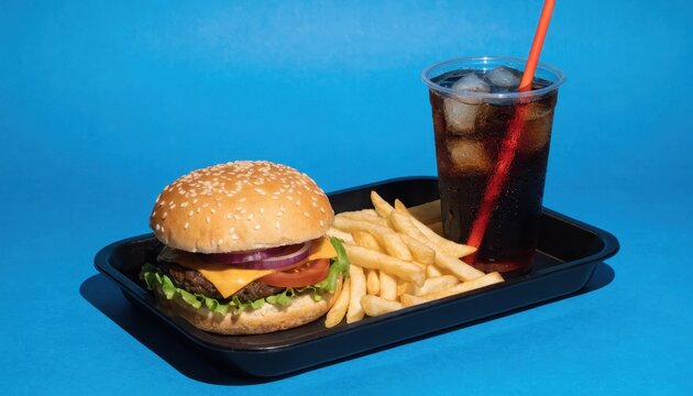 Burger, fries and soda on a tray