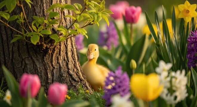 Baby duckling among colorful spring flowers and tree.