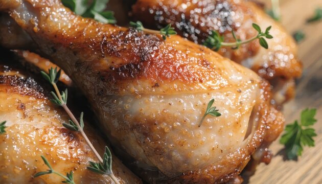 Delicious roasted chicken with herbs on a baking sheet
