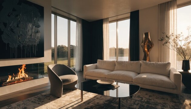 Modern living room with fireplace and gray sofa