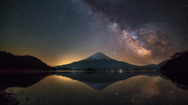 Stunning milky way galaxy above mountain and reflecting lake night scene