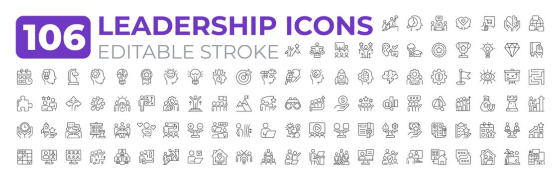 Leadership line icons big set. Achieving top position in corporate organization. Social influence and impact iconset outline pictograms. Isolated linear vector illustrations. Editable stroke