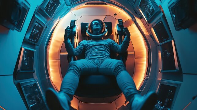 Astronaut sits inside a futuristic spacecraft cockpit surrounded by advanced glowing blue instrument panels and metallic circular walls while preparing for an upcoming deep space mission.