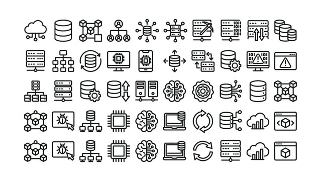 Black and white line icons depicting various technology and data concepts such as cloud computing servers databases and coding  symbols for modern digital communication
