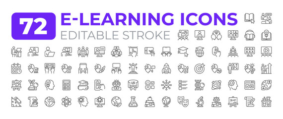 Fototapeta na wymiar E learning line icons big set. Online education sources. Remote schooling system. Knowledge for all iconset outline pictograms. Isolated linear vector illustrations. Editable stroke