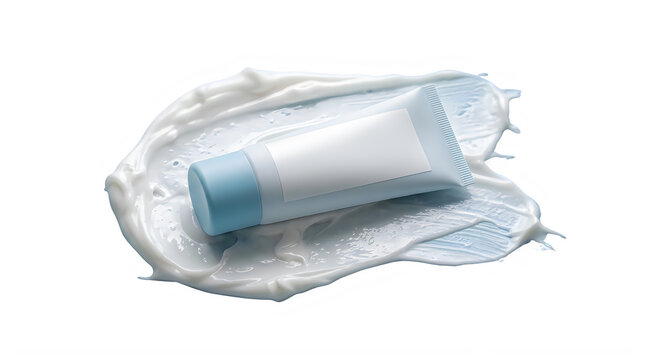 Blue and white toothpaste tube squeezed with cream on transparent background transparent background