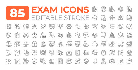 Fototapeta premium Exam line icons big set. Learners knowledge evaluation process. Academic subjects tests. Education assessment iconset outline pictograms. Isolated linear vector illustrations. Editable stroke