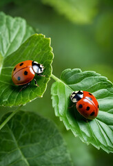 Obraz premium Two ladybugs crawling on green leaves