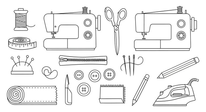 Sewing machine accessories collection with scissors, buttons, thread spool, zipper, fabric, chalk, and iron for tailoring and crafting projects