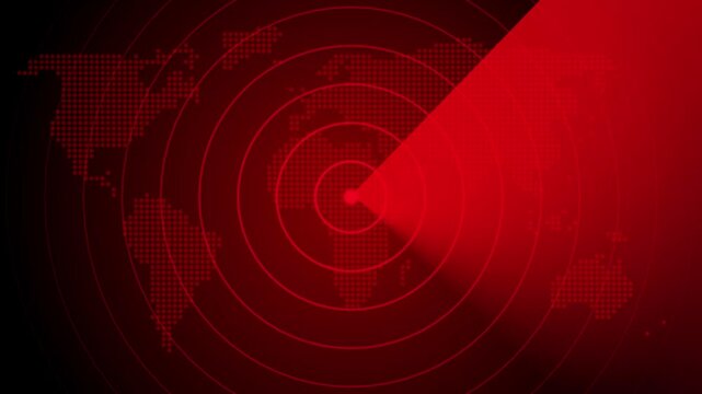 Futuristic Red Radar Screen Scan Tracking Over Dotted Digital World Map HUD Background Loop