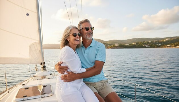 Mature couple enjoying a romantic moment on a sailboat at sea, wearing sunglasses, with calm waters and a scenic coastline in the background