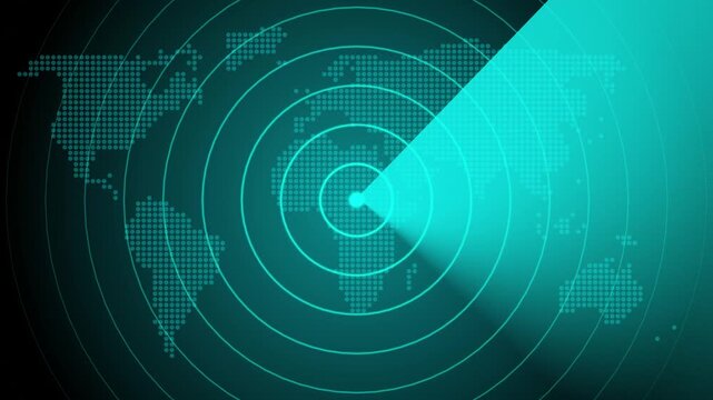 Futuristic Cyan Radar Screen Scan Tracking Over Dotted Digital World Map HUD Background Loop