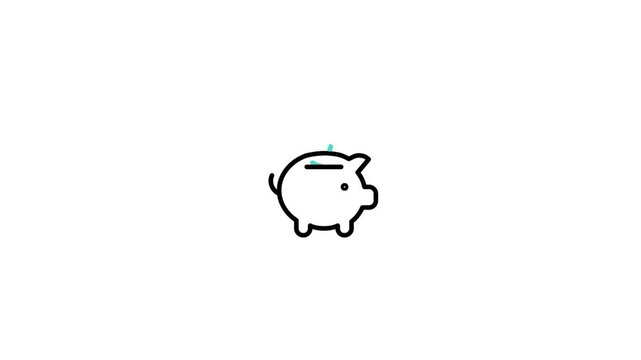 Piggy Bank Line Icon Animation with Green Coin Dropping Inside for Savings and Finance Loop