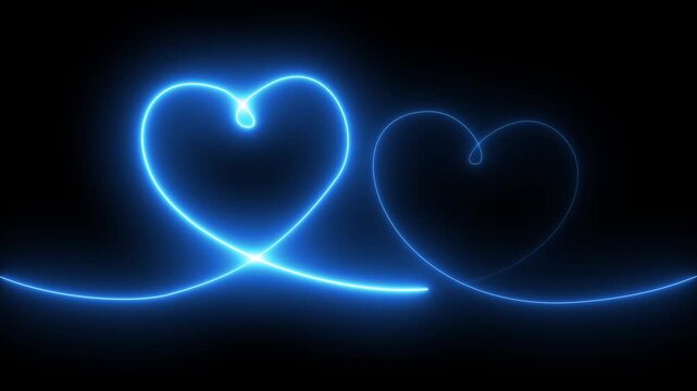 Cyan color neon glowing Two love hearts concepts. Valentine's Day indicate. Love One line drawing concept. love card neon glowing icon. Bright glowing neon valentines love heart symbol