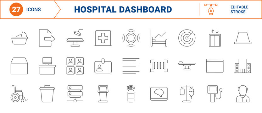 Hospital capacity dashboard line icon set. Vector pictograms of medical facility, patient flow, bed availability, and healthcare resource elements, thin linear illustration.