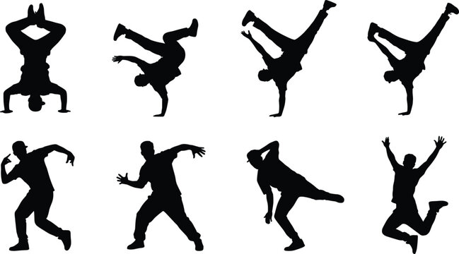 Breakdance and hip hop dancer silhouettes set featuring various breakdancing poses handstands and freezes isolated on white background