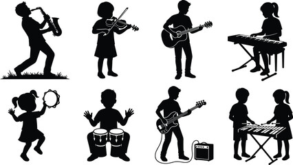 Collection of children playing musical instruments black silhouettes set including guitar piano drums and saxophone isolated on white © Sobuz