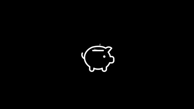 Piggy Bank Line Icon Animation with Green Coin Dropping Inside for Savings and Finance Loop