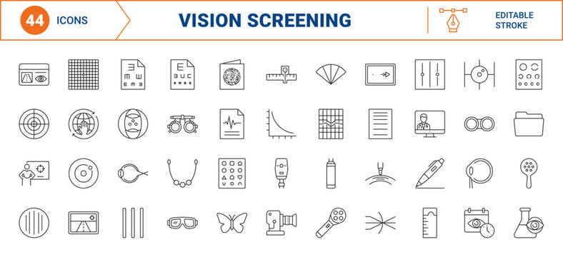 Vision Screening line icon set. Vector pictograms of ophthalmology, optometry, eye exam, and vision testing elements, thin linear illustration.