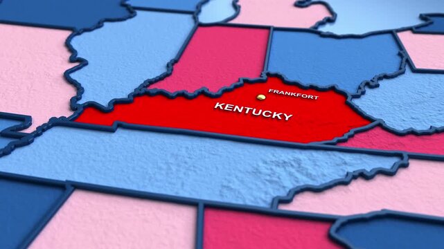 Looped 3D election map animation of the United States zooming into Kentucky state, featuring red, blue, purple and green political outcome variations. 