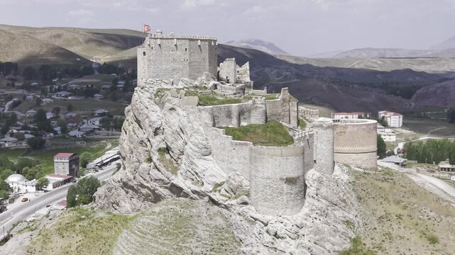 Cinematic Drone Footage of Hoshap Castle, Historic Fortress in Van Turkey Mountain Landscape