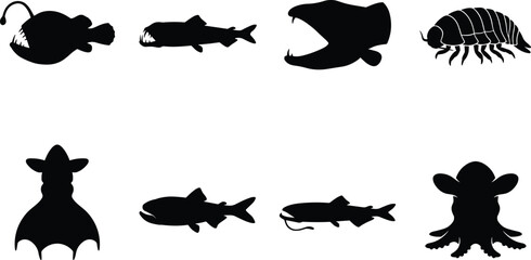 Deep sea creatures silhouette set featuring anglerfish vampire squid dumbo octopus giant isopod and viperfish isolated on white background © Sobuz