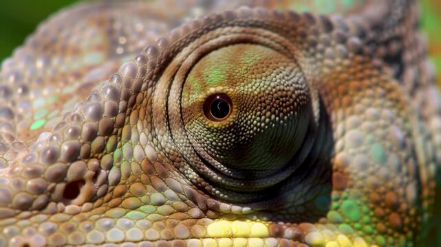 A detailed close up of a colorful lizard eye and skin texture