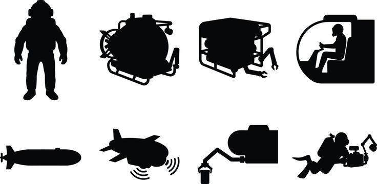 Deep sea exploration equipment silhouettes set featuring submarine rov atmospheric diving suit sonar drone and scuba diver