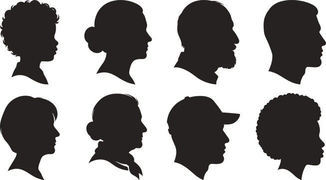 Diverse Human Profile Silhouette Collection with Male Female and Child Side View Head Icons
