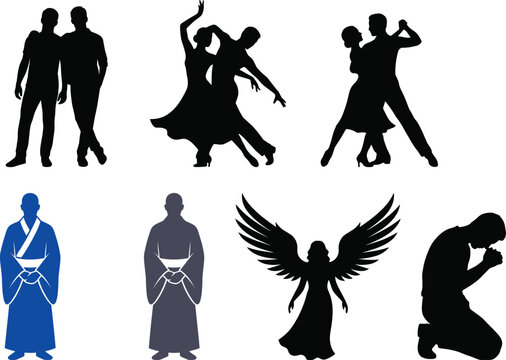 Human Silhouette Collection with Dancing Couples Monk Figures Angel and Praying Person Isolated Vector Set