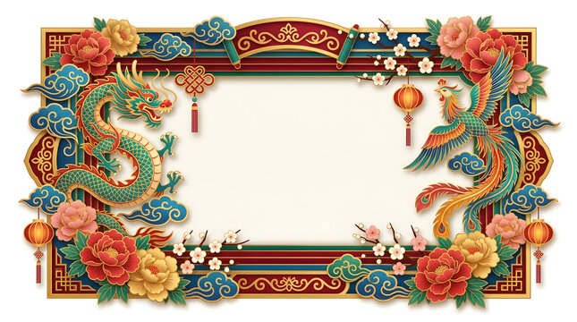 Decorative landscape frame featuring a traditional Chinese dragon and floral motifs in a vibrant artistic style