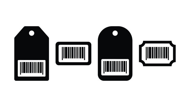 Set of black price tags and rectangular tickets with barcodes