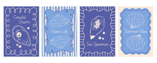 Summer marine poster set with seashells, oyster pearl, wavy frames, striped backgrounds and lettering, hand drawn blue doodle flat retro style. Vacation cards collection, elegant postcard © Coxic25