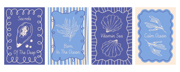 Summer coastal poster set with scallops, oyster pearl, wavy frames, abstract background stripes and text, hand drawn vector, blue mediterranean retro style. Marine minimalist vacation cards © Coxic25