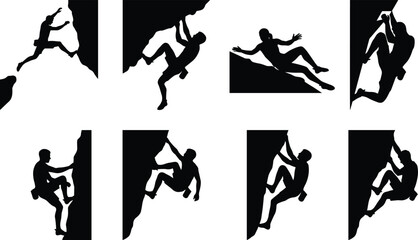 Set of rock climber silhouettes scale steep mountain cliffs and extreme sport athletes climbing isolated on white background © Sobuz