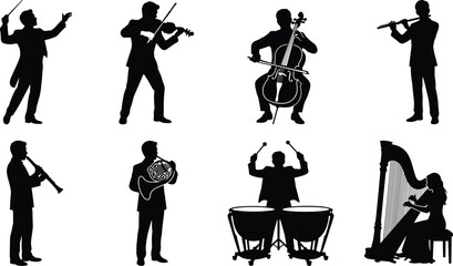 Set of classical music orchestra musicians playing various instruments and conductor silhouettes isolated on white background © Sobuz