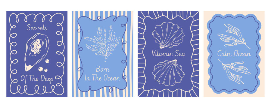 Summer coastal poster set with scallops, oyster pearl, wavy frames, abstract background stripes and text, hand drawn vector, blue mediterranean retro style. Marine minimalist vacation cards