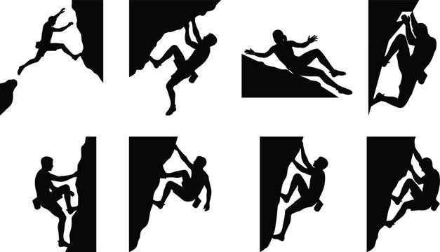 Set of rock climber silhouettes scale steep mountain cliffs and extreme sport athletes climbing isolated on white background