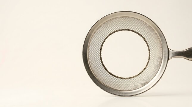 Stainless steel kitchen sieve with central mesh cut away leaving clean circular hole in frame on white surface, unfiltered radical honesty no more filtering truth passes through social commentary