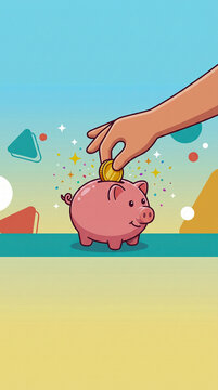 Animaci&oacute;n 2D colorida de una mano introduciendo una moneda en una hucha con forma de cerdito. Ideal para representar ahorro, finanzas, educaci&oacute;n financiera e inversiones.
