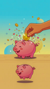 Animaci&oacute;n 2D colorida de una mano introduciendo una moneda en una hucha con forma de cerdito. Ideal para representar ahorro, finanzas, educaci&oacute;n financiera e inversiones.