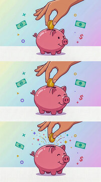 Animaci&oacute;n 2D colorida de una mano introduciendo una moneda en una hucha con forma de cerdito. Ideal para representar ahorro, finanzas, educaci&oacute;n financiera e inversiones.