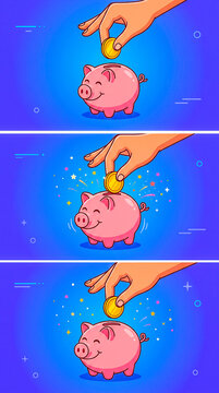 Animaci&oacute;n 2D colorida de una mano introduciendo una moneda en una hucha con forma de cerdito. Ideal para representar ahorro, finanzas, educaci&oacute;n financiera e inversiones.