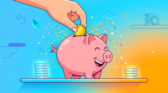 Animaci&oacute;n 2D colorida de una mano introduciendo una moneda en una hucha con forma de cerdito. Ideal para representar ahorro, finanzas, educaci&oacute;n financiera e inversiones.